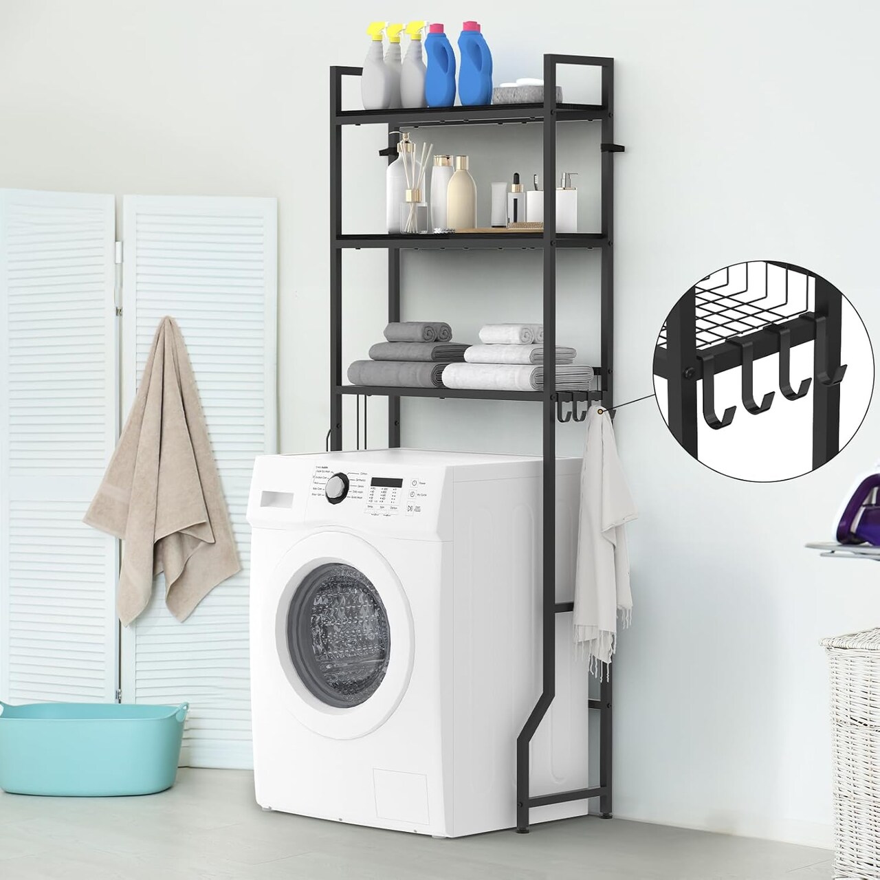 3-Tier Over-The-Toilet Storage Organizer | 30lb/Shelf Heavy-Duty Wooden Bathroom Rack with Anti-Tip Kit & 4 Hooks | 63.6" Freestanding Space-Saver for Laundry Room, Restroom (Black)